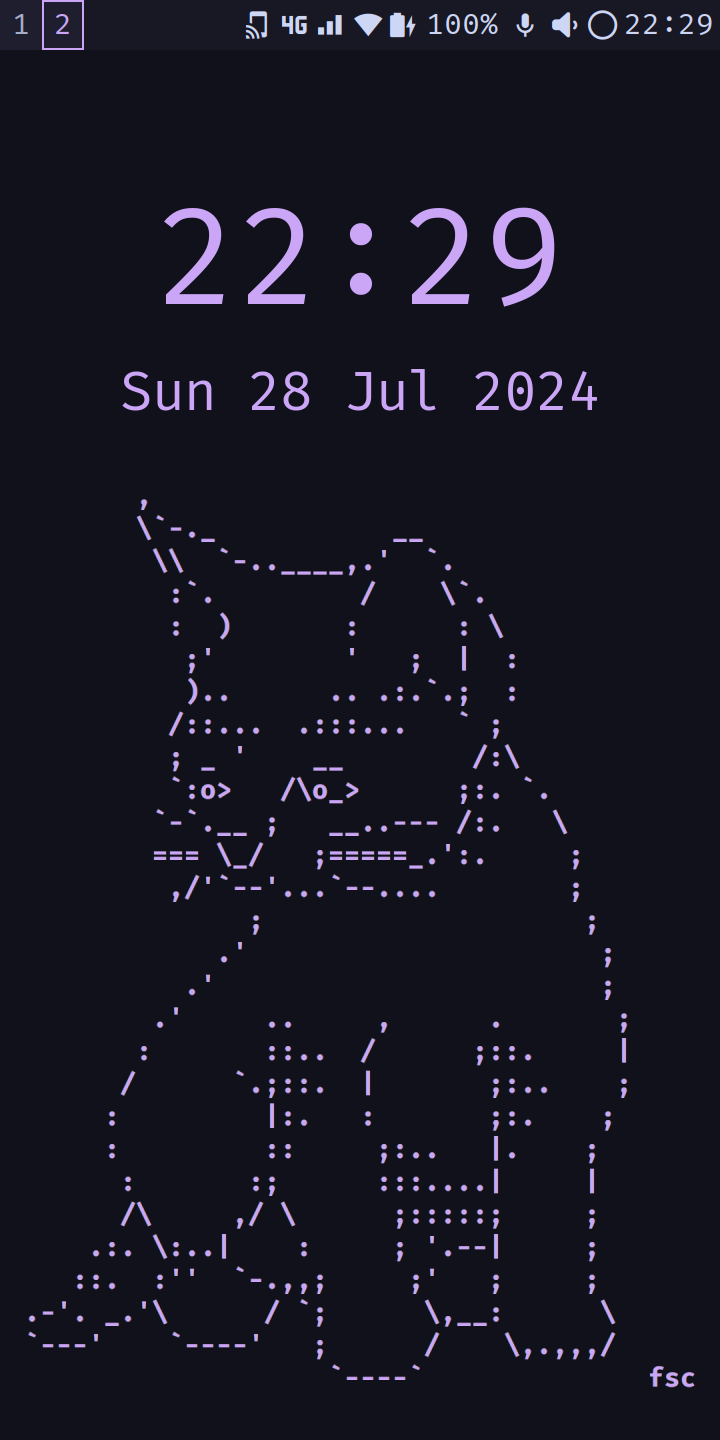 Screenshot of my phone screen. Background is an ascii art cat, colour theme is a dark theme with lavender accents.