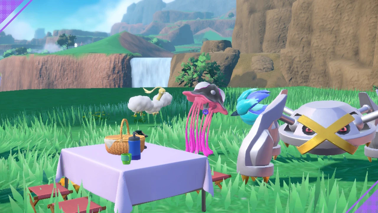Screenshot from Pokemon Violet. A picnic with 4 pokemon on screen. A shiny metagross is looking at the camera while a shiny Toadscruel, shiny Glimora, and shiny Altaria play in the background. Screenshot from Pokemon Violet. A picnic with 4 pokemon on screen. A shiny metagross is looking at the camera while a shiny Toadscruel, shiny Glimora, and shiny Altaria play in the background.