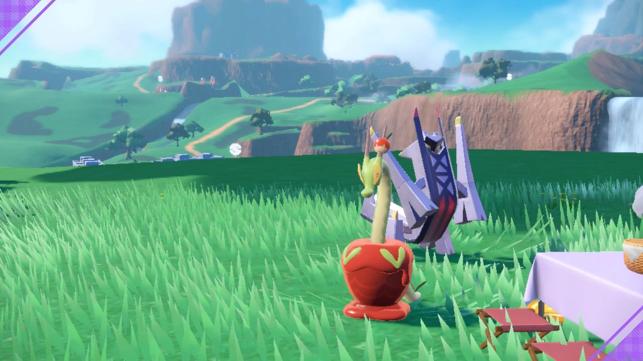 Screenshot from Pokemon Violet. A picnic with 2 pokemon on screen. The hydrapple in front looks at the camera while an Archaludon behind it looks off to the side. Screenshot from Pokemon Violet. A picnic with 2 pokemon on screen. The hydrapple in front looks at the camera while an Archaludon behind it looks off to the side.